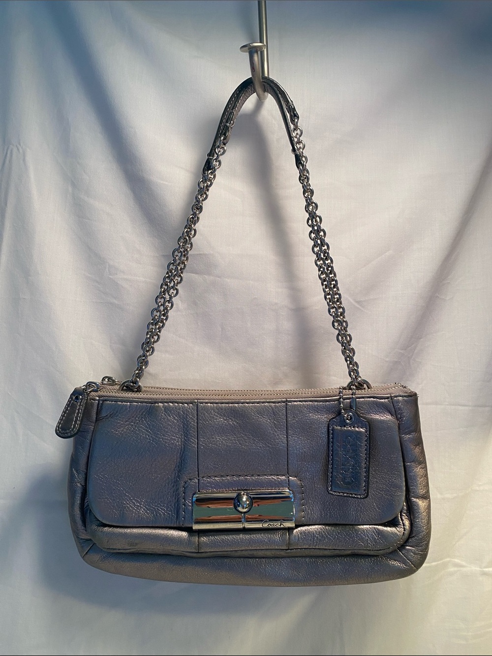 Coach 16818 Kristen Willow Pewter Metallic Gray Leather Shoulder Bag Chain Strap